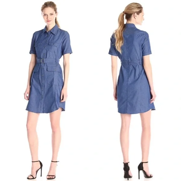 Chambray Denim Safari Dress w Pockets and Belt - Picture 2 of 2